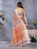 Fabrica Vibe Handwoven Bengal LINEN Saree with Striped Woven Design & Unstitched Blouse – Brown Multi