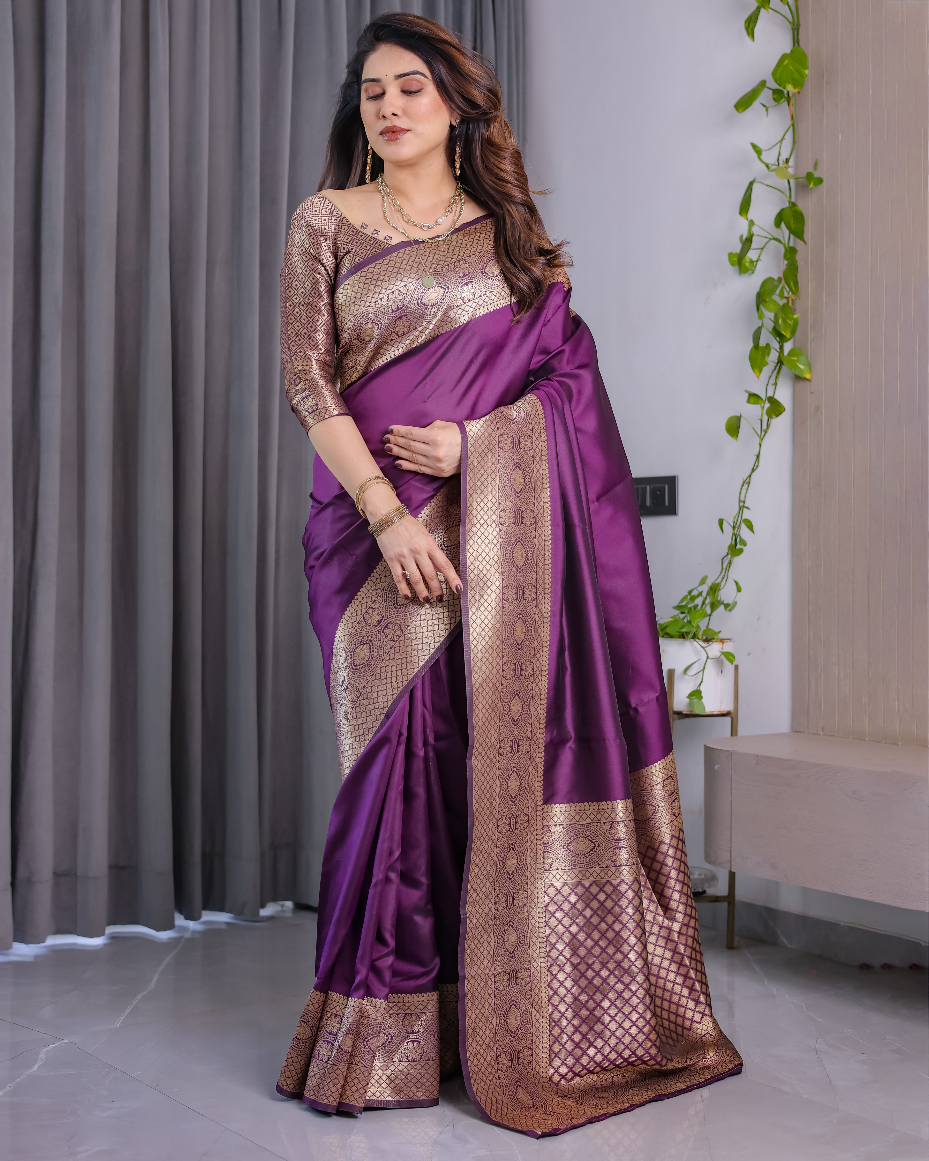 Fabrica Vibe Royal Purple Banarasi Silk Saree with Rich Gold Zari Woven Border
