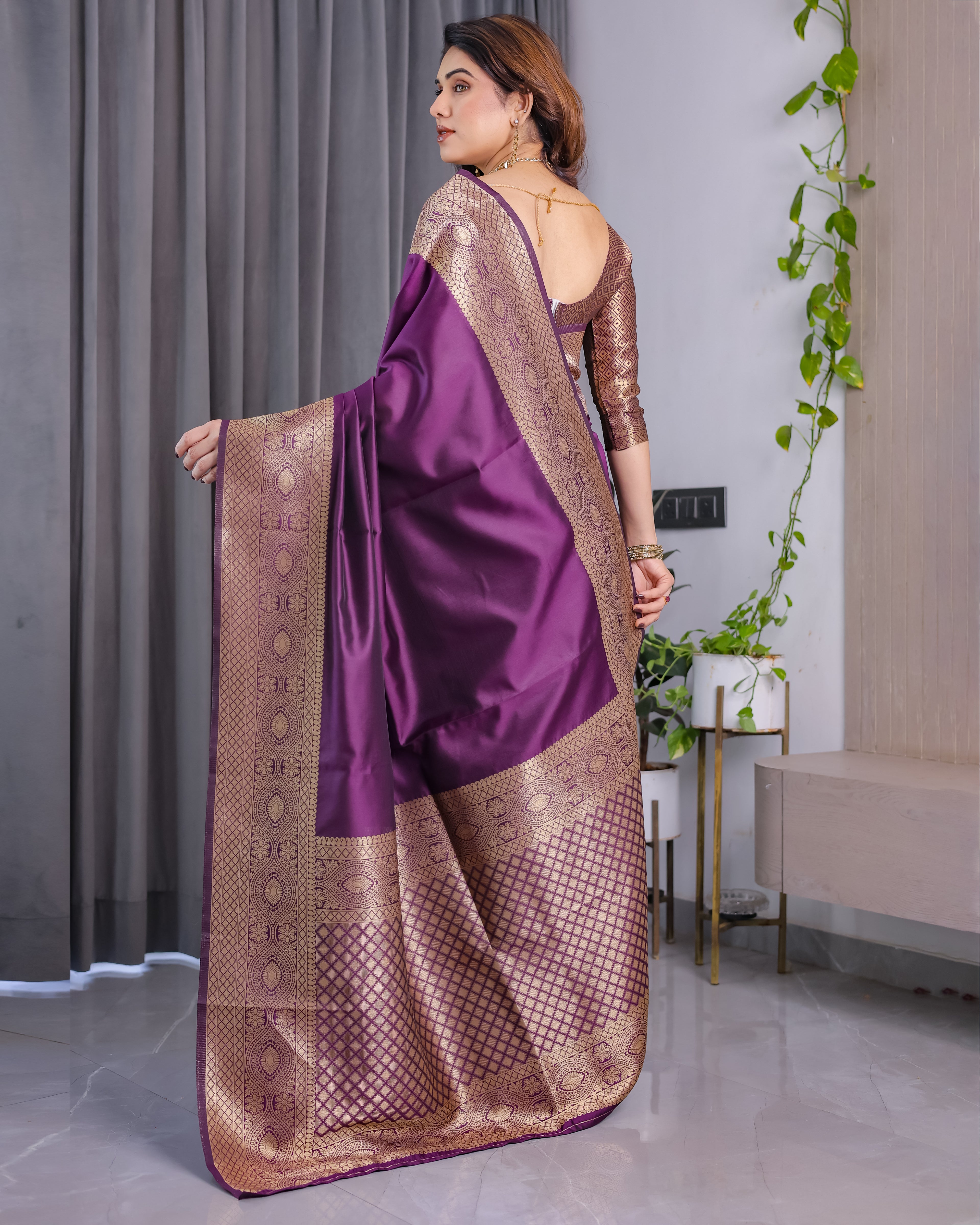 Fabrica Vibe Royal Purple Banarasi Silk Saree with Rich Gold Zari Woven Border