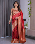 Fabrica Vibe Ruby Red Banarasi Style Silk Saree with Rich Gold Woven Border & Brocade Blouse