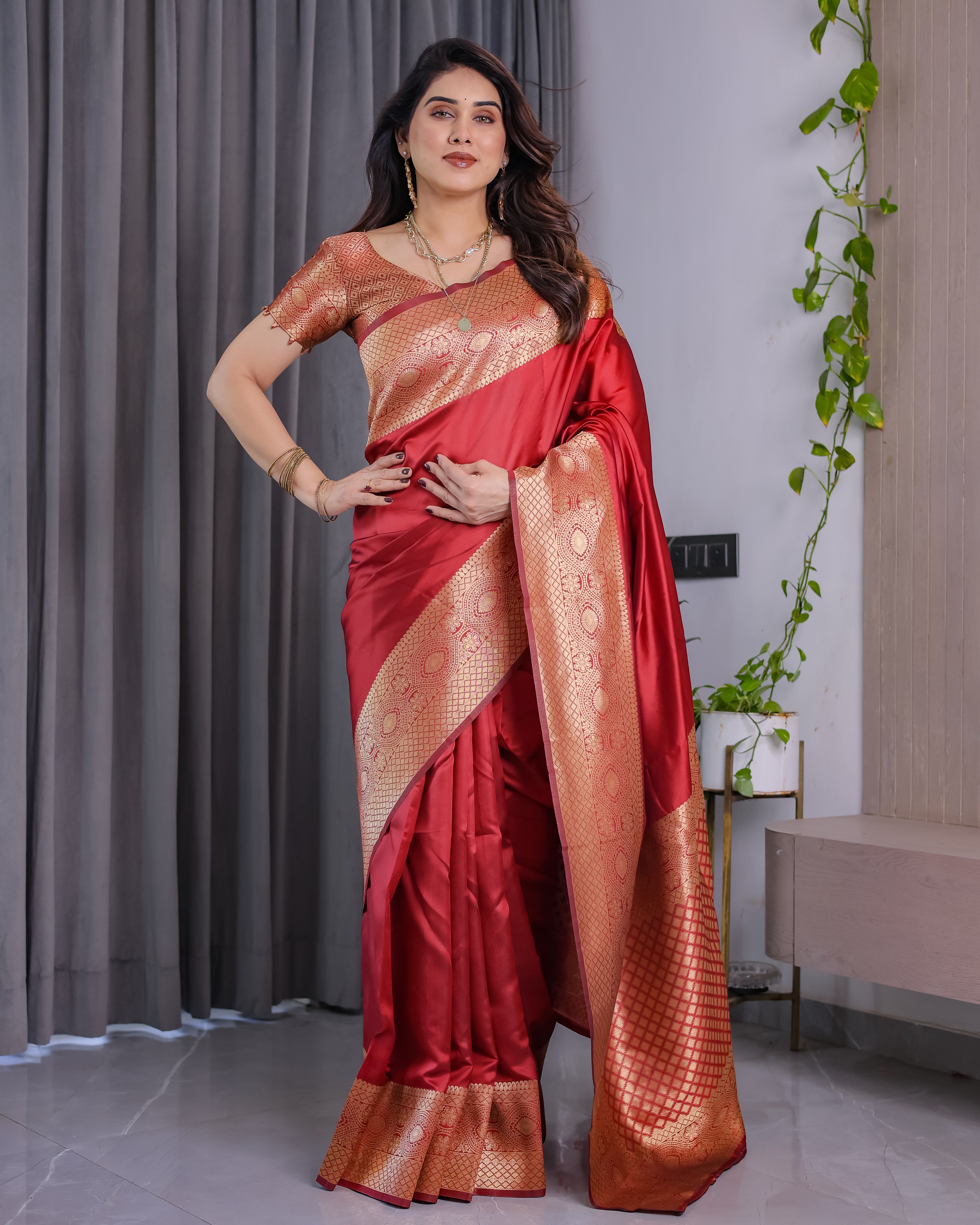 Fabrica Vibe Ruby Red Banarasi Style Silk Saree with Rich Gold Woven Border & Brocade Blouse