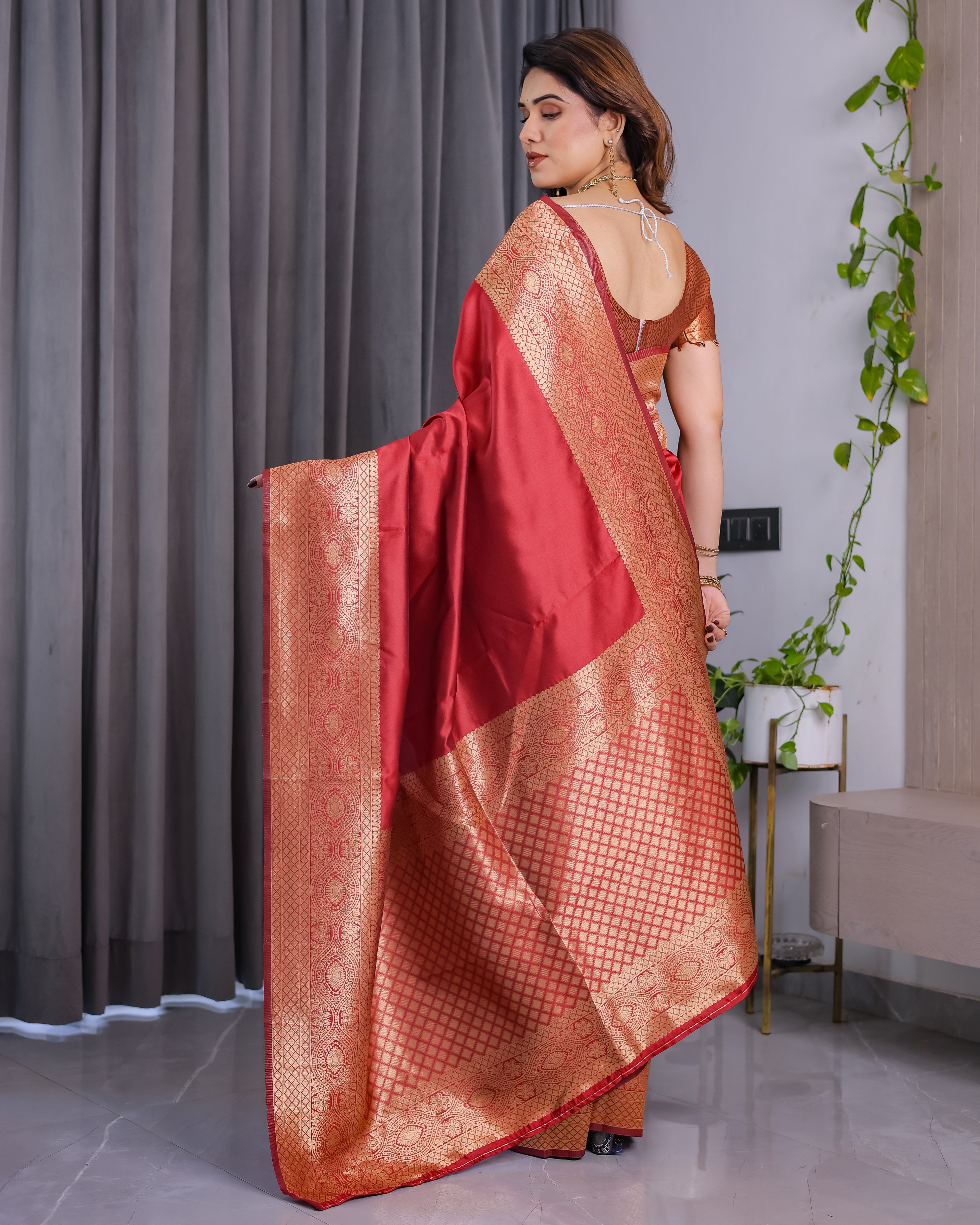 Fabrica Vibe Ruby Red Banarasi Style Silk Saree with Rich Gold Woven Border & Brocade Blouse