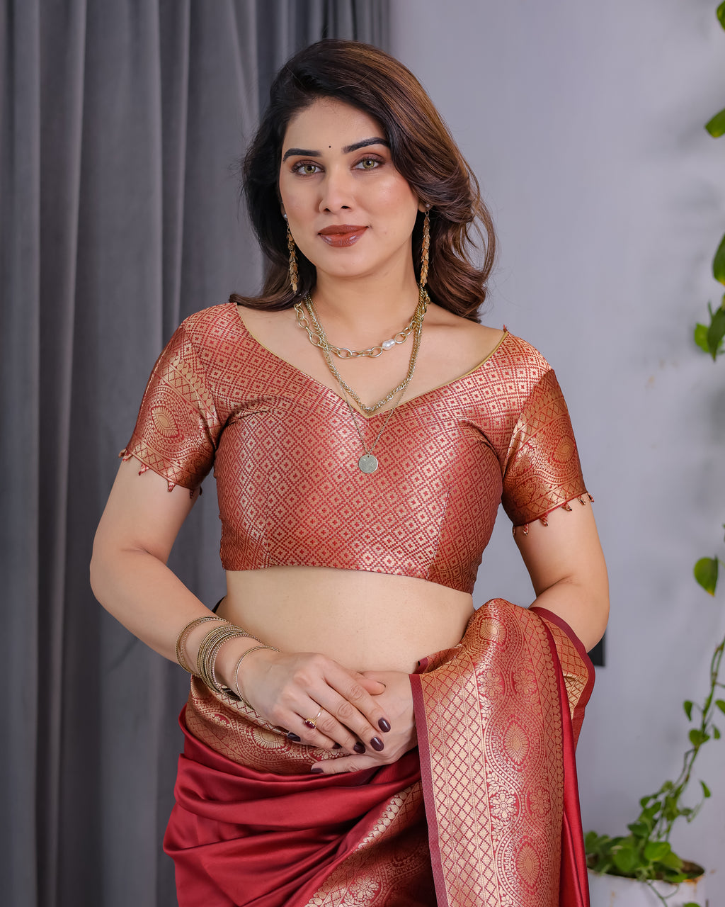 Fabrica Vibe Ruby Red Banarasi Style Silk Saree with Rich Gold Woven Border & Brocade Blouse