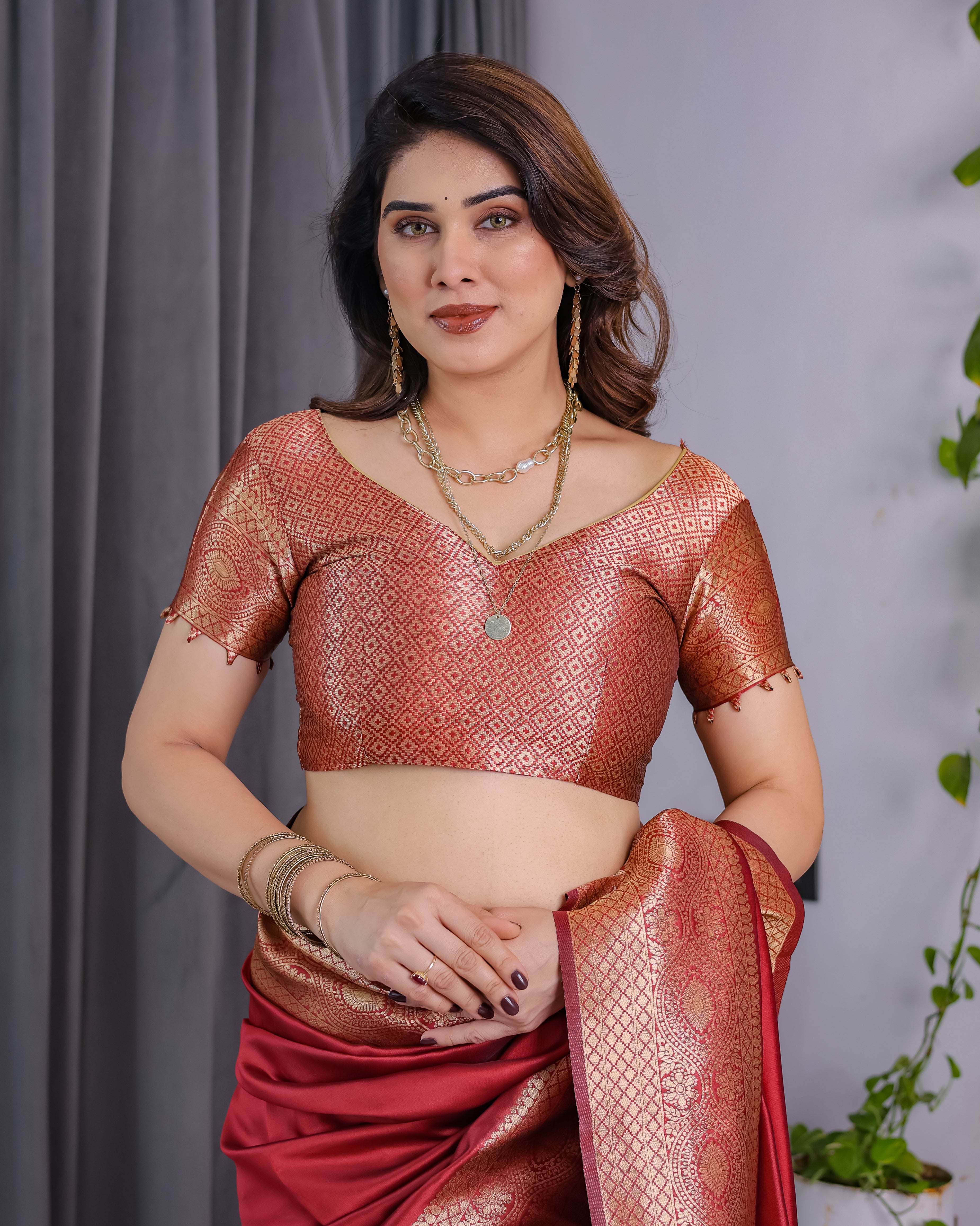 Fabrica Vibe Ruby Red Banarasi Style Silk Saree with Rich Gold Woven Border & Brocade Blouse