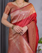 Fabrica Vibe Ruby Red Banarasi Style Silk Saree with Rich Gold Woven Border & Brocade Blouse