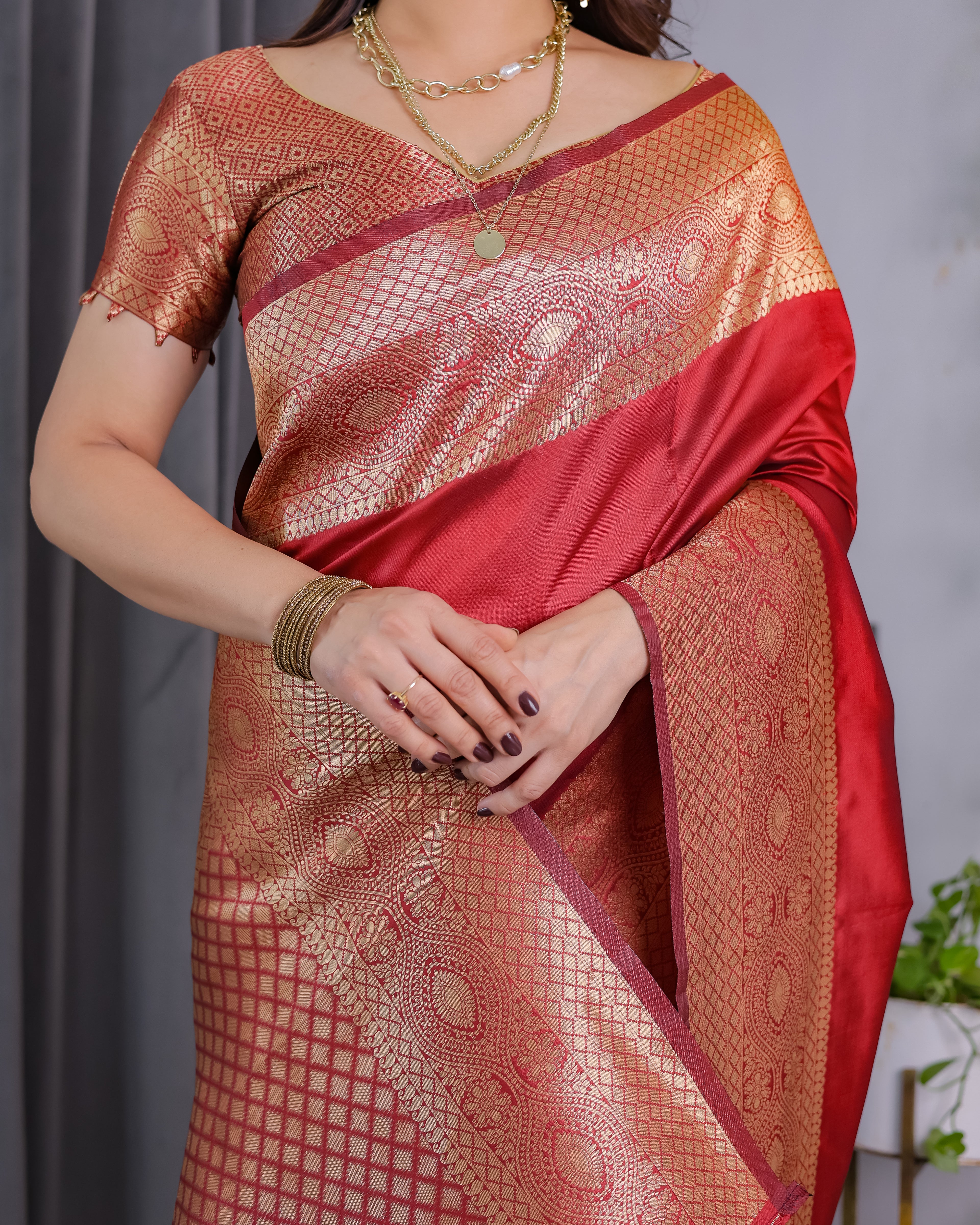 Fabrica Vibe Ruby Red Banarasi Style Silk Saree with Rich Gold Woven Border & Brocade Blouse