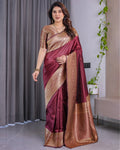 Fabrica Vibe Wine Maroon Banarasi Silk Saree with Rich Gold Zari Border