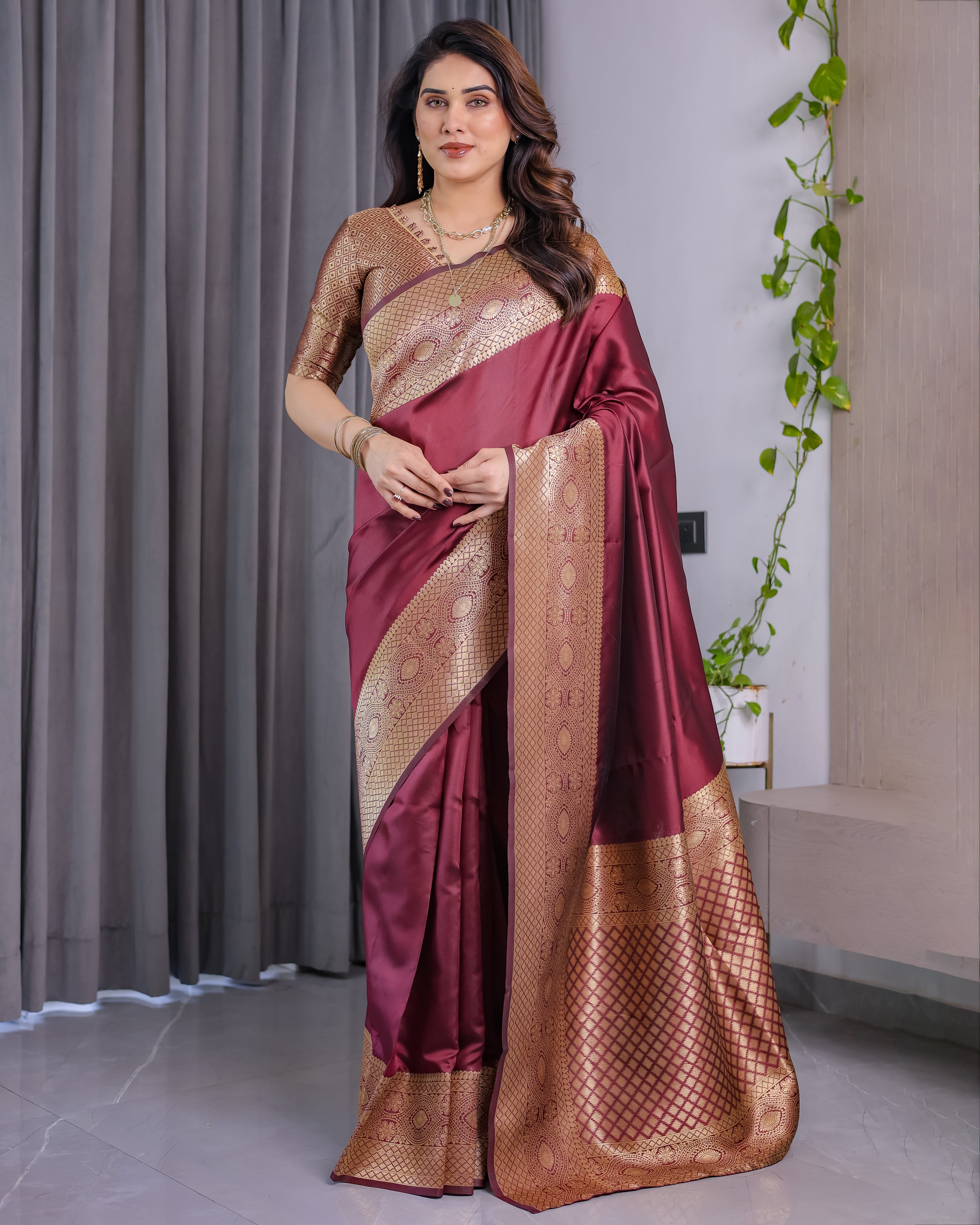 Fabrica Vibe Wine Maroon Banarasi Silk Saree with Rich Gold Zari Border