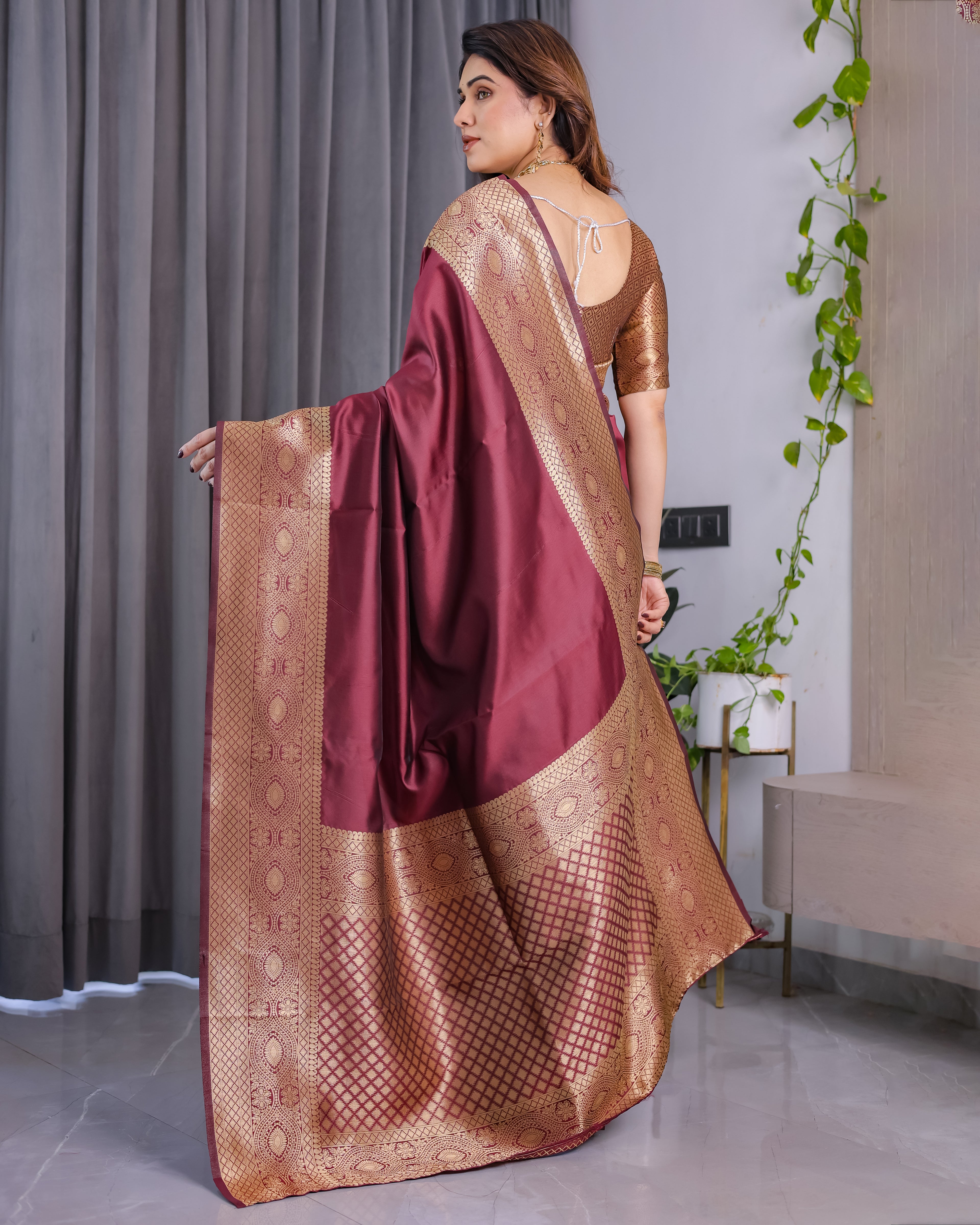 Fabrica Vibe Wine Maroon Banarasi Silk Saree with Rich Gold Zari Border