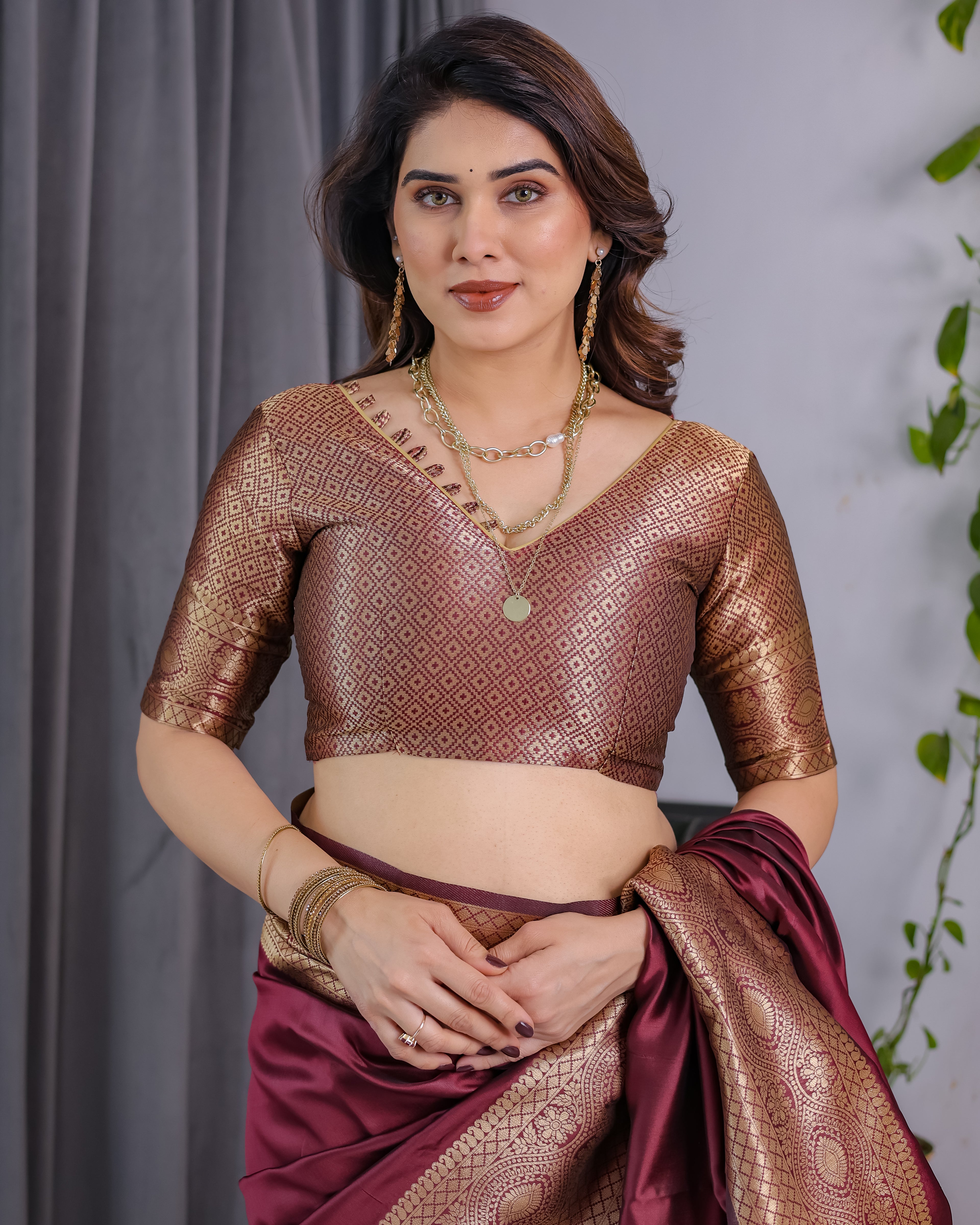 Fabrica Vibe Wine Maroon Banarasi Silk Saree with Rich Gold Zari Border