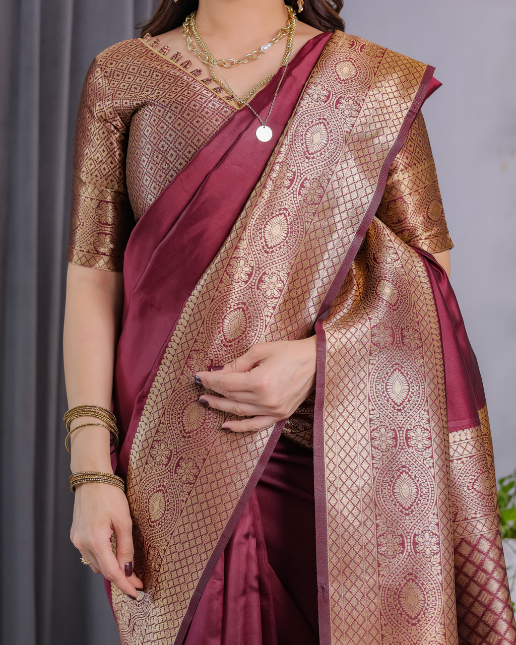 Fabrica Vibe Wine Maroon Banarasi Silk Saree with Rich Gold Zari Border