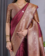 Fabrica Vibe Wine Maroon Banarasi Silk Saree with Rich Gold Zari Border