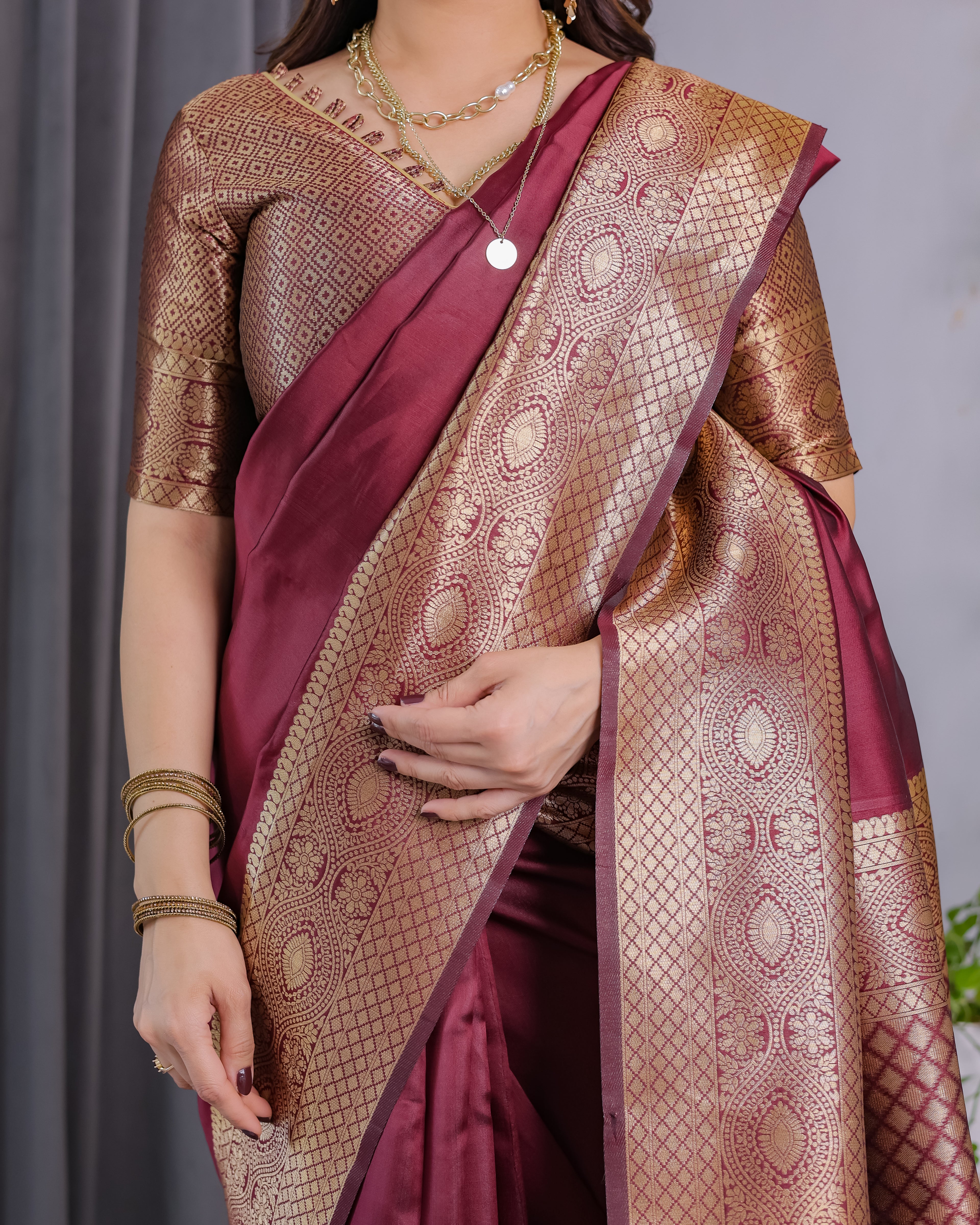 Fabrica Vibe Wine Maroon Banarasi Silk Saree with Rich Gold Zari Border