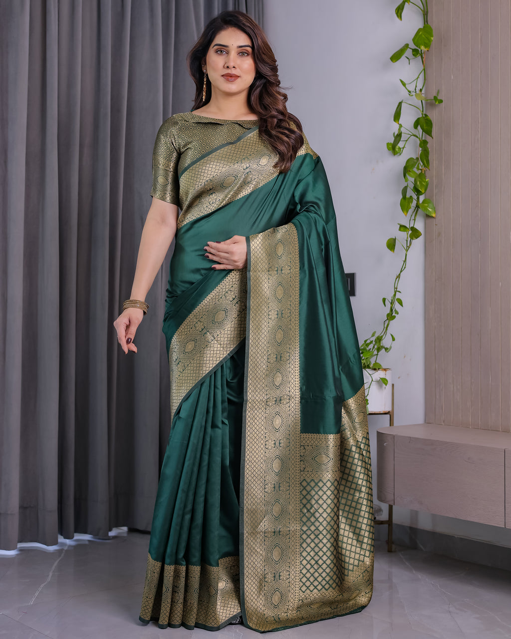 Fabrica Vibe Emerald Green Banarasi Silk Saree with Rich Gold Zari Border