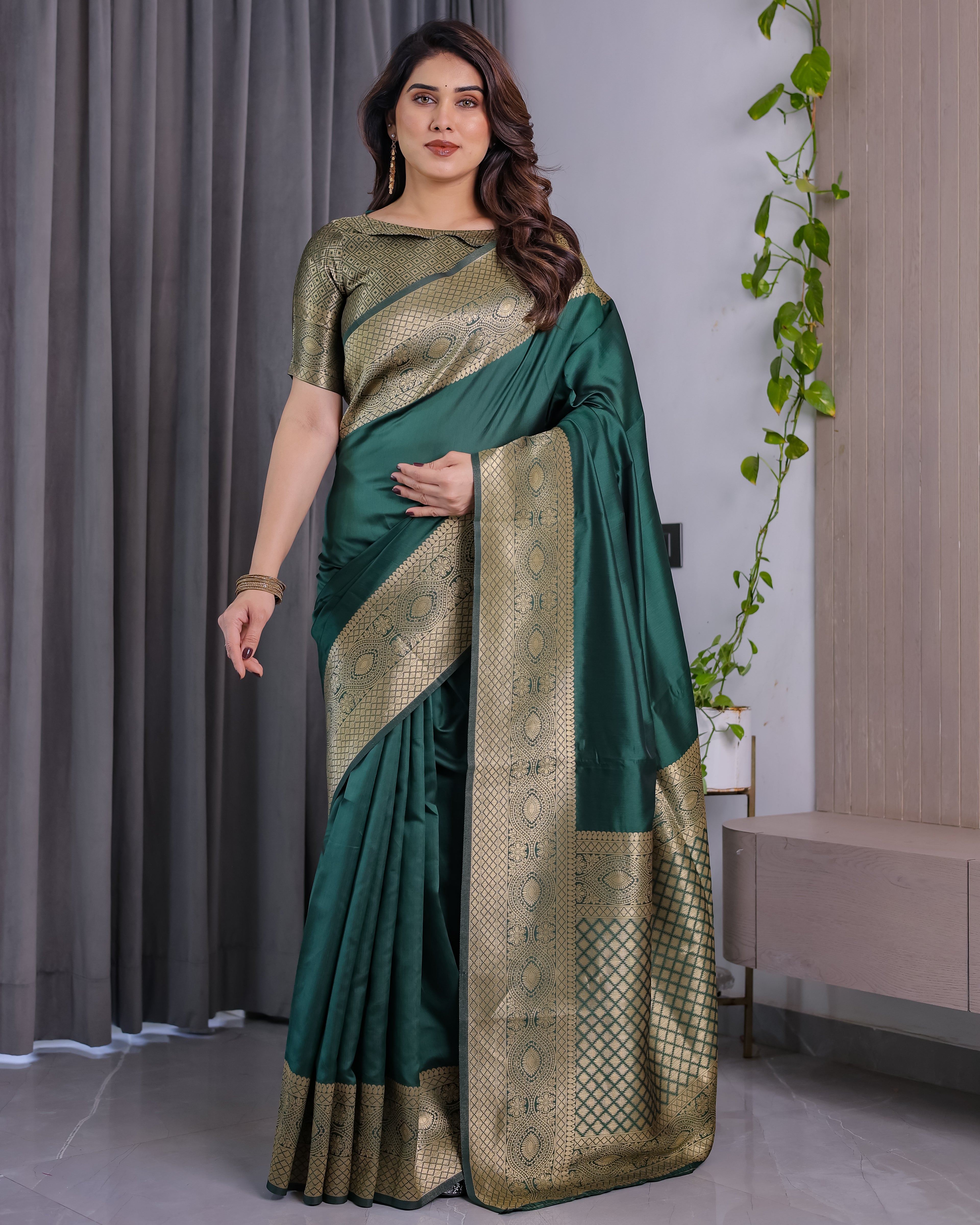 Fabrica Vibe Emerald Green Banarasi Silk Saree with Rich Gold Zari Border