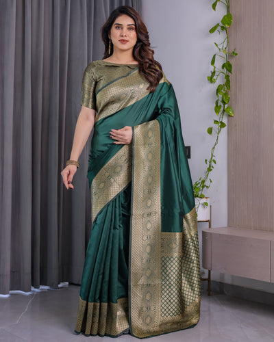 Fabrica Vibe Emerald Green Banarasi Silk Saree with Rich Gold Zari Border