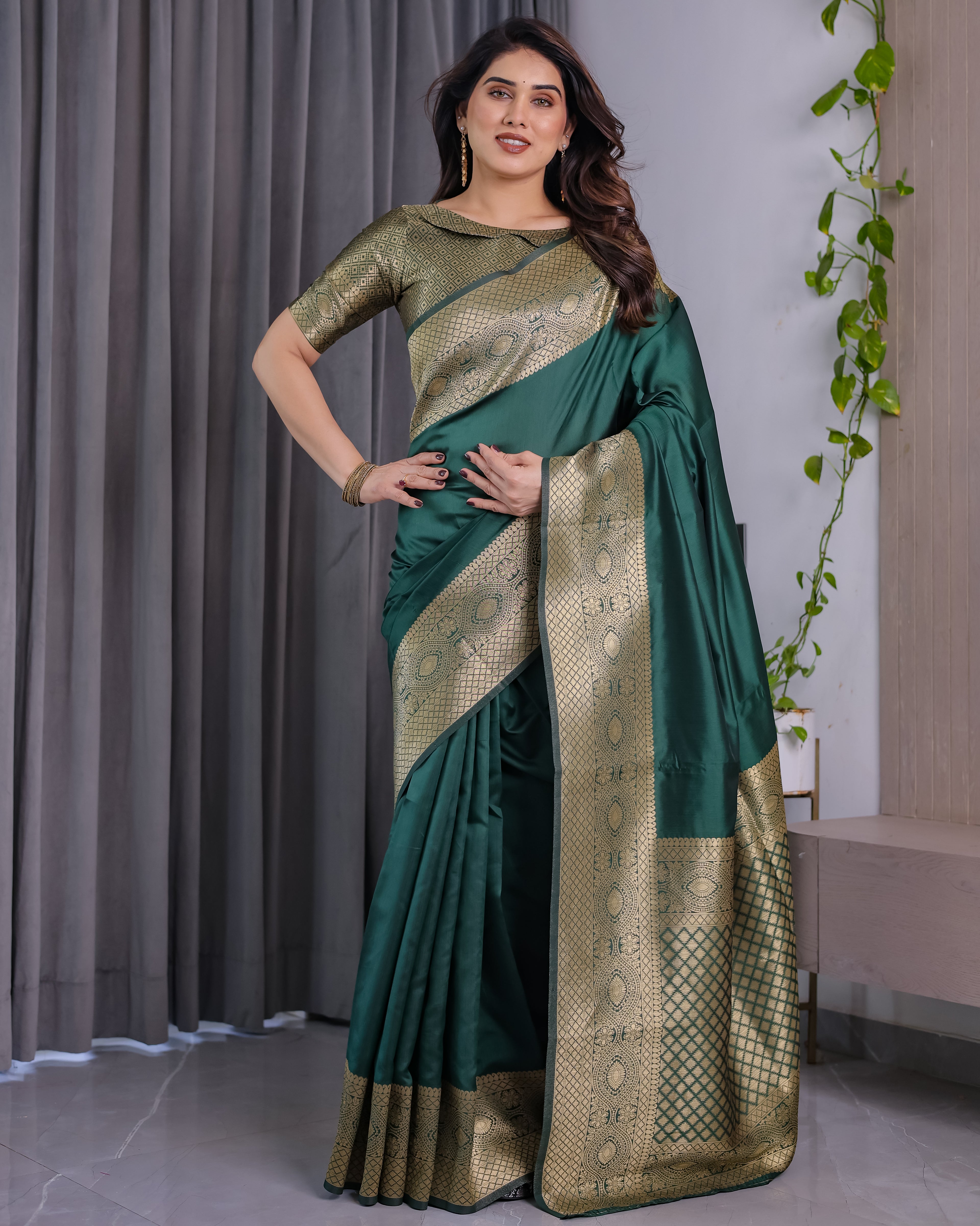 Fabrica Vibe Emerald Green Banarasi Silk Saree with Rich Gold Zari Border