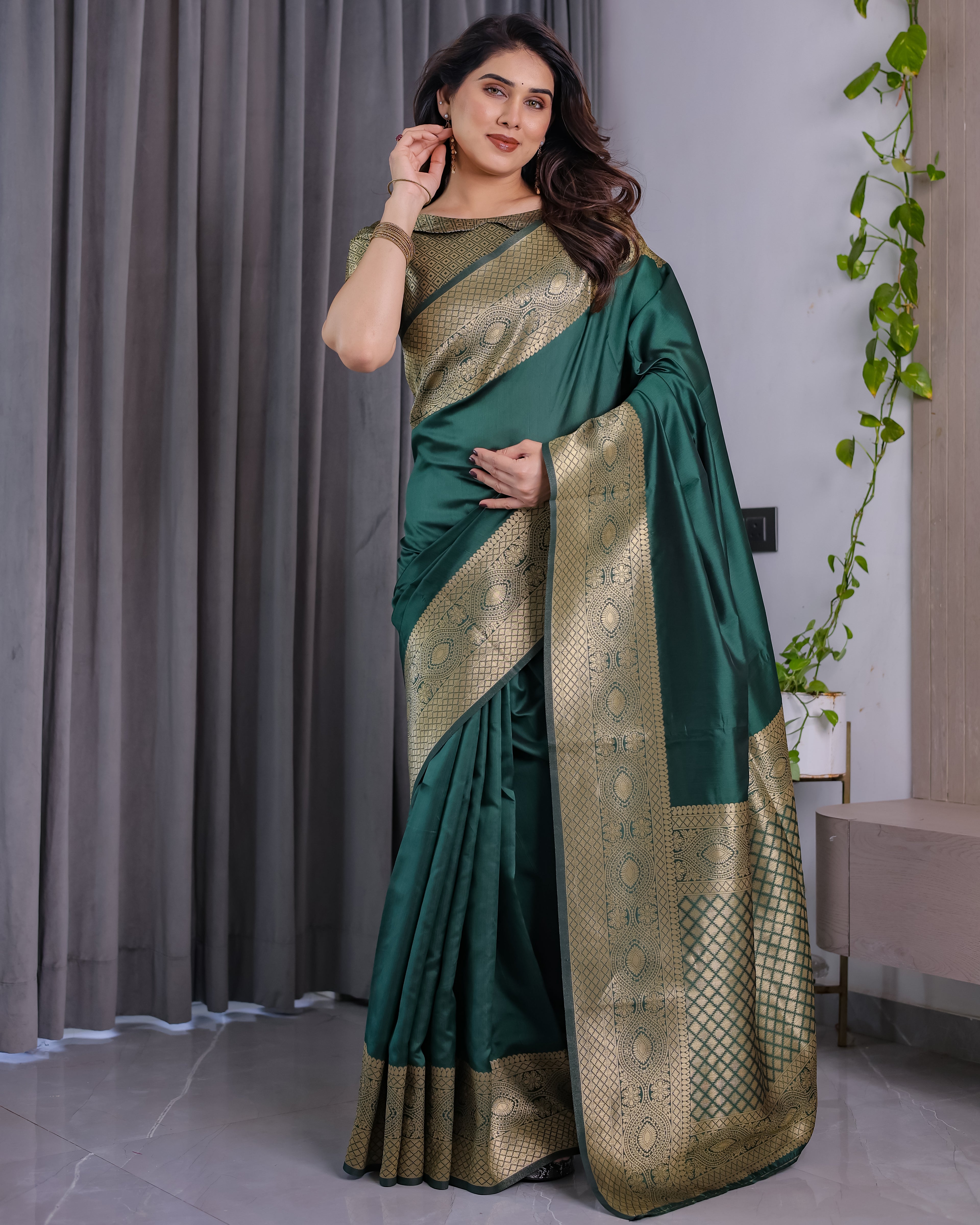 Fabrica Vibe Emerald Green Banarasi Silk Saree with Rich Gold Zari Border