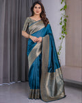 Fabrica Vibe Teal RAMA Banarasi Silk Blend Saree with Gold Woven Border