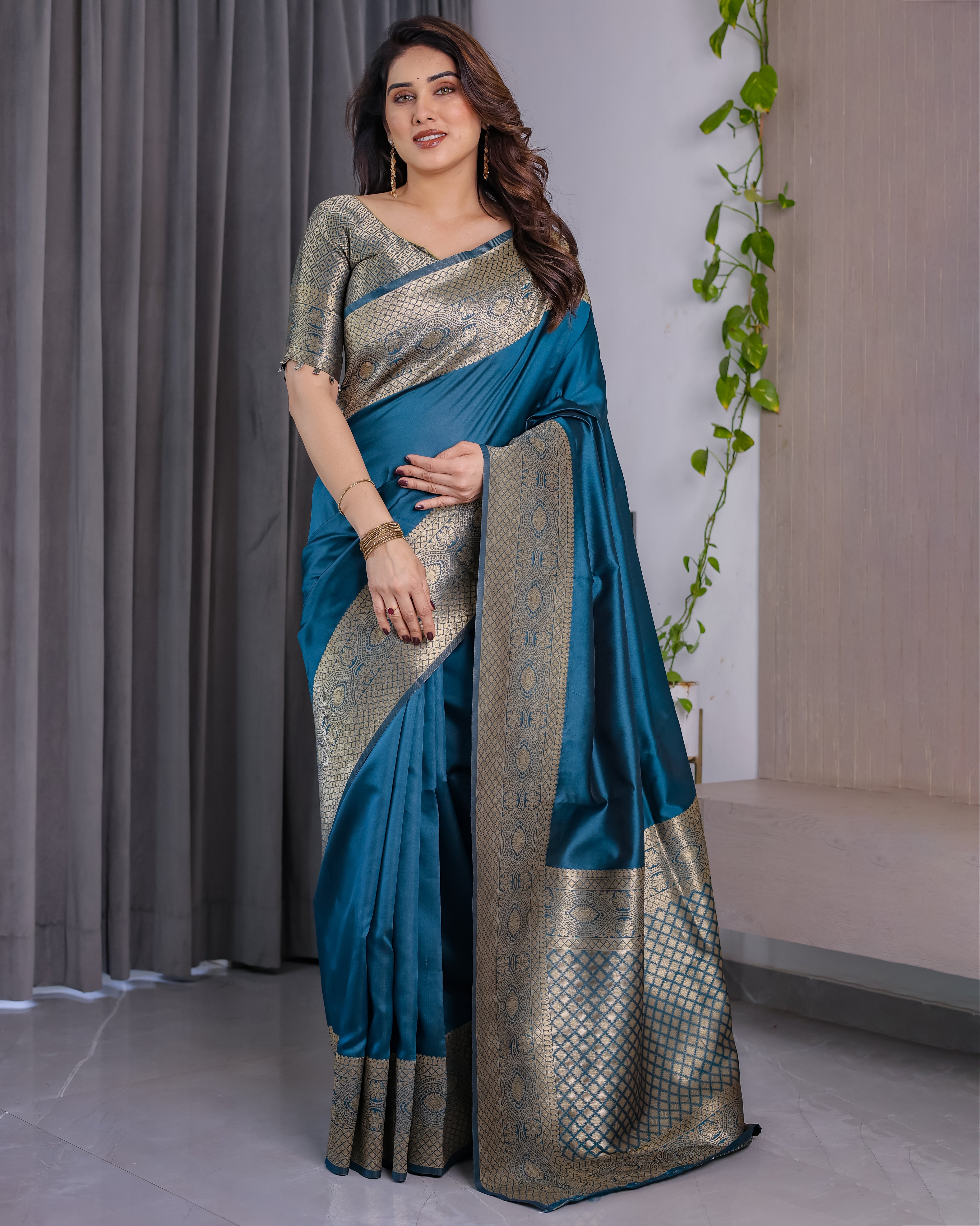 Fabrica Vibe Teal RAMA Banarasi Silk Blend Saree with Gold Woven Border