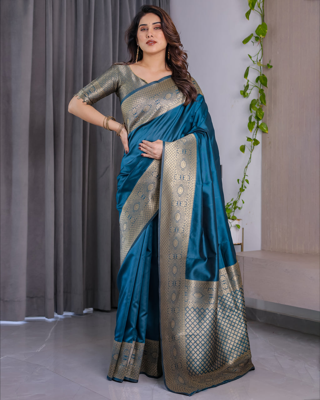 Fabrica Vibe Teal RAMA Banarasi Silk Blend Saree with Gold Woven Border