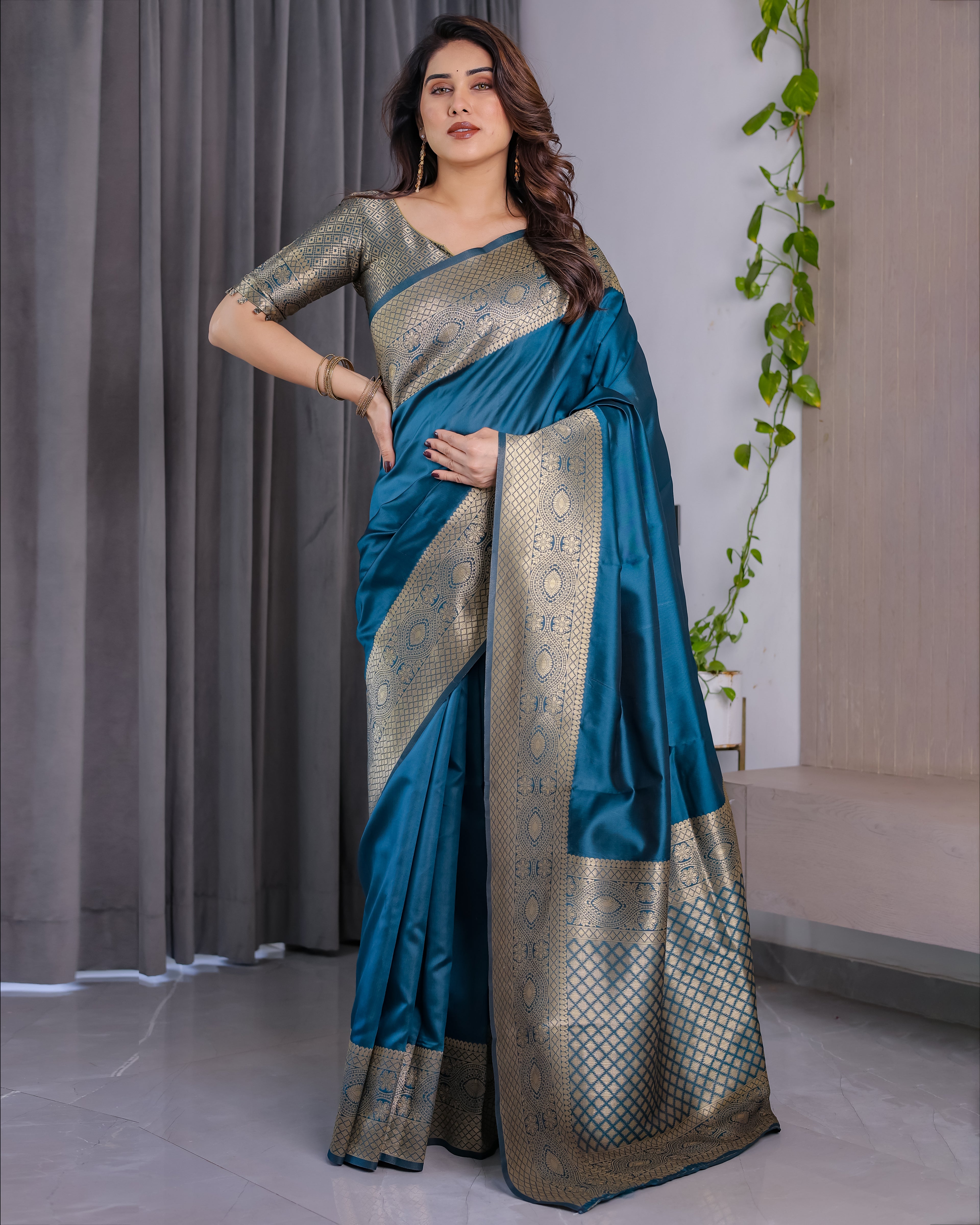 Fabrica Vibe Teal RAMA Banarasi Silk Blend Saree with Gold Woven Border