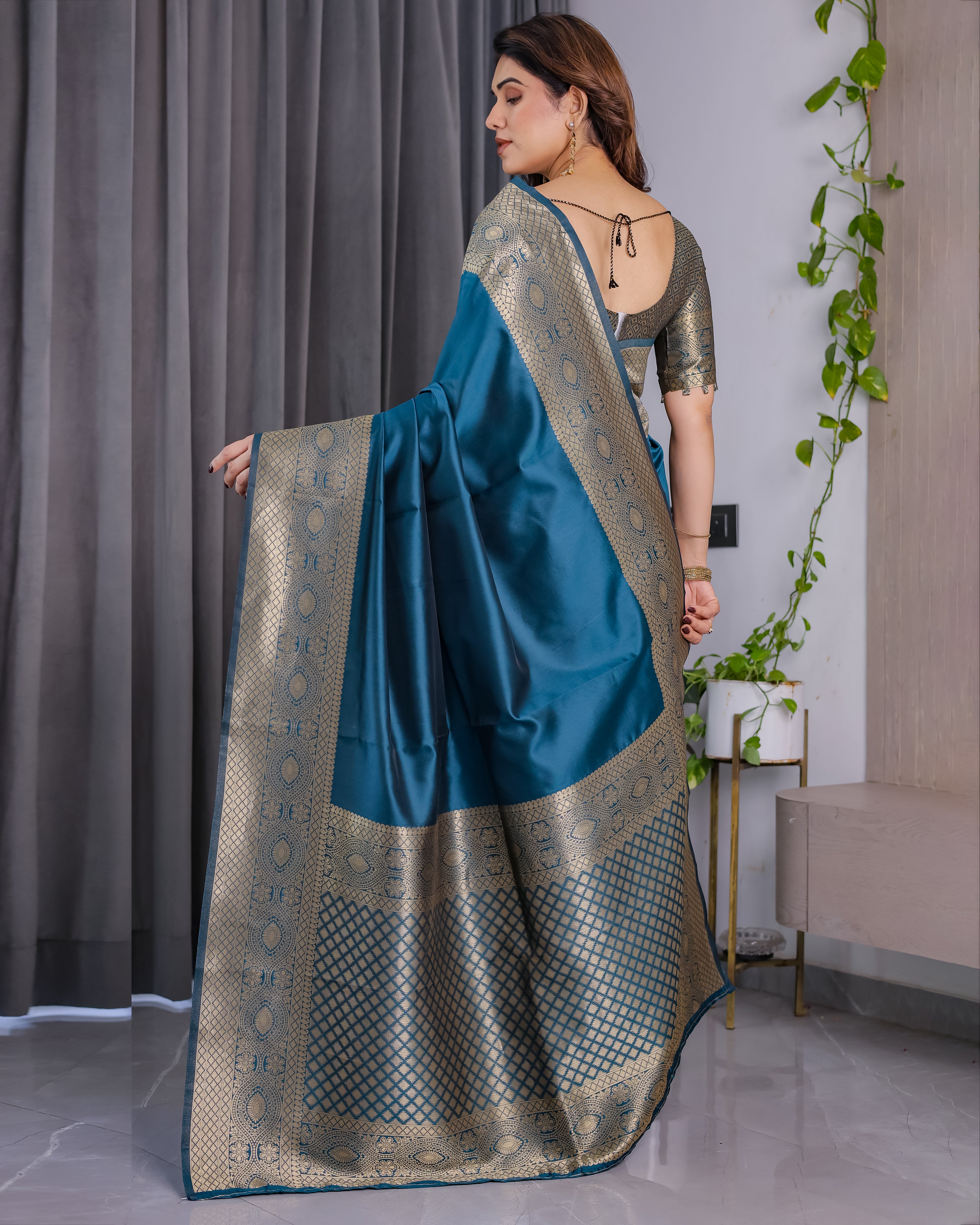 Fabrica Vibe Teal RAMA Banarasi Silk Blend Saree with Gold Woven Border