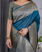 Fabrica Vibe Teal RAMA Banarasi Silk Blend Saree with Gold Woven Border