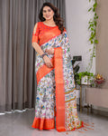 Fabrica Vibe Peach Banarasi Border Linen Saree with Multicolor Tribal Folk Art Print
