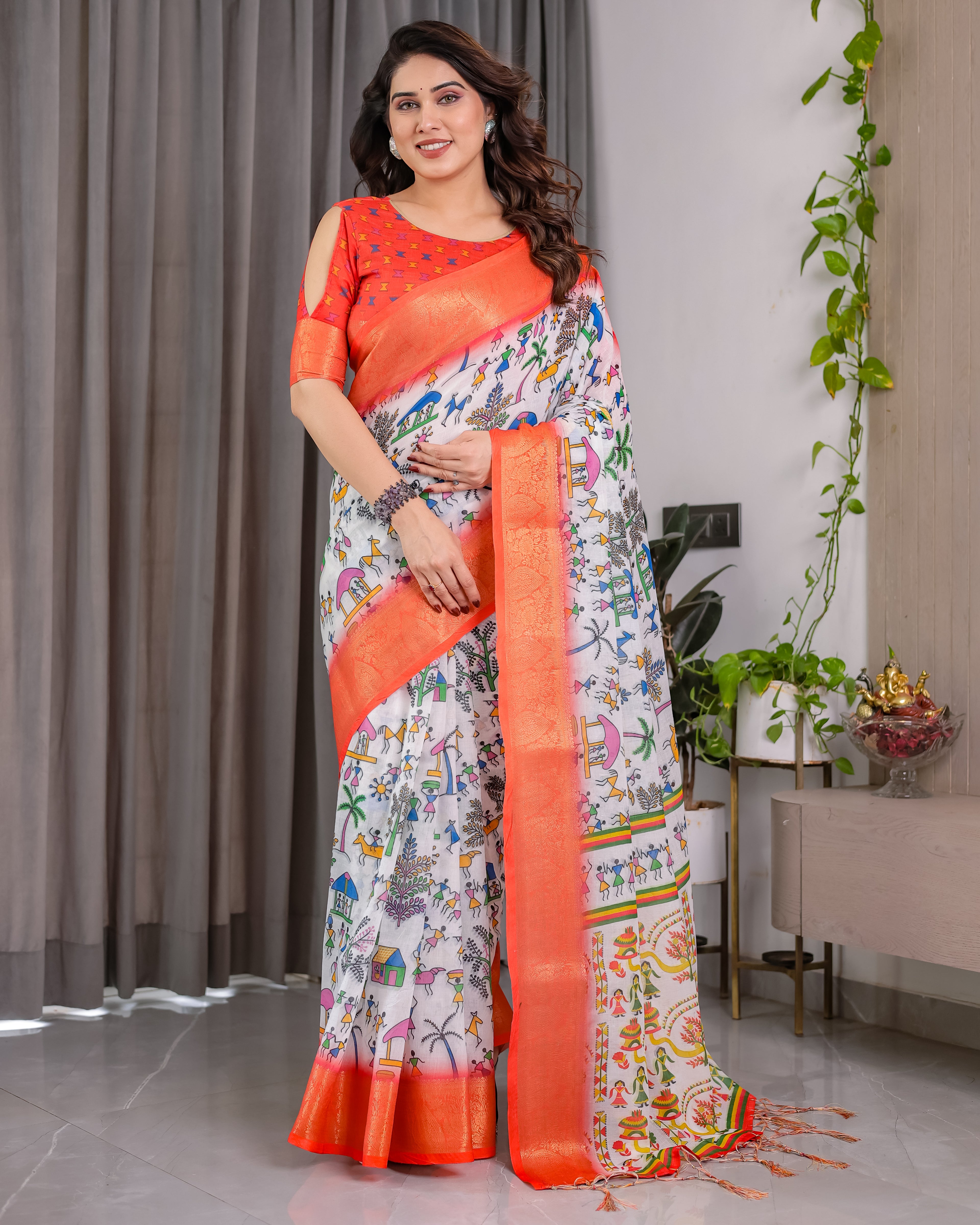 Fabrica Vibe Peach Banarasi Border Linen Saree with Multicolor Tribal Folk Art Print