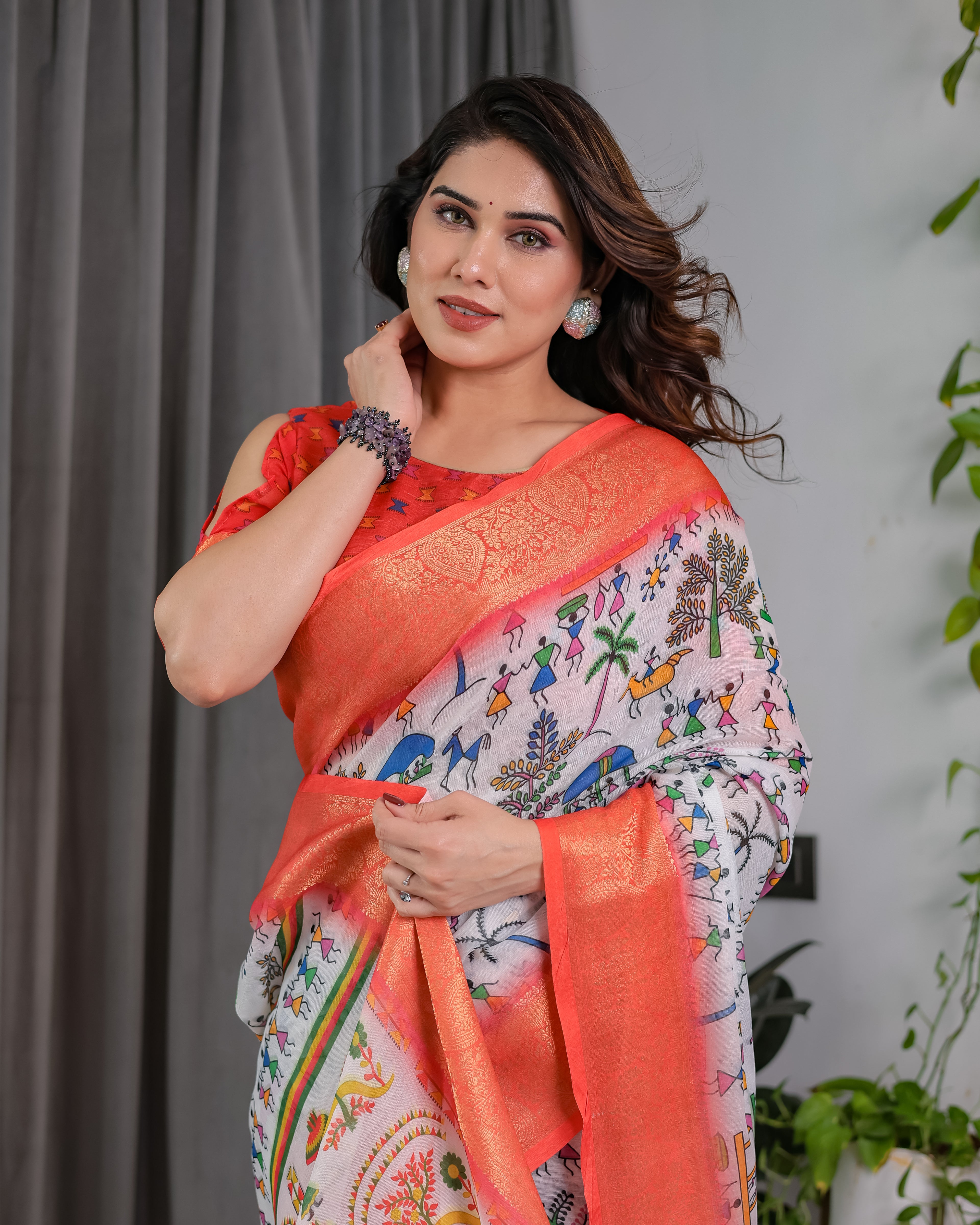 Fabrica Vibe Peach Banarasi Border Linen Saree with Multicolor Tribal Folk Art Print