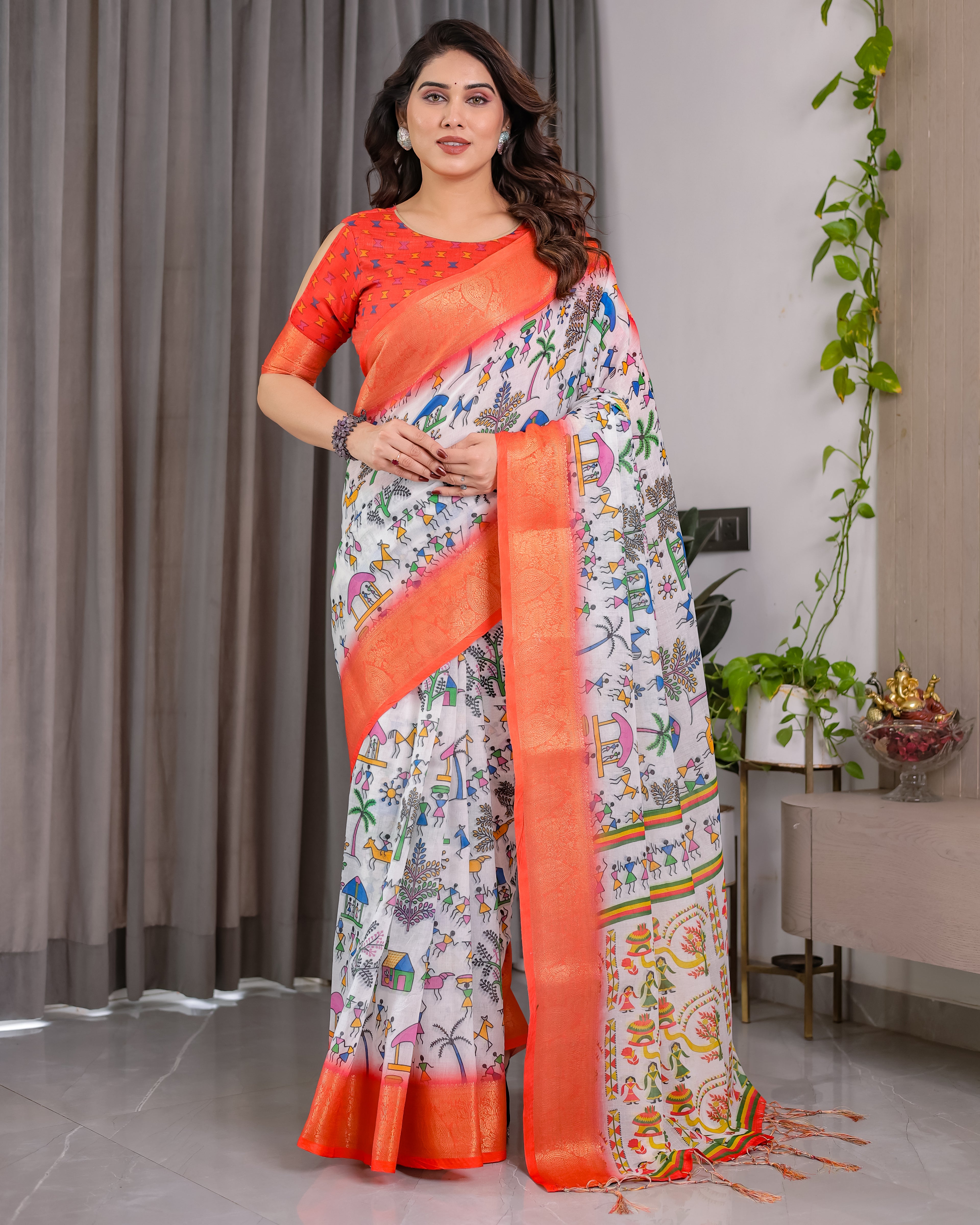 Fabrica Vibe Peach Banarasi Border Linen Saree with Multicolor Tribal Folk Art Print