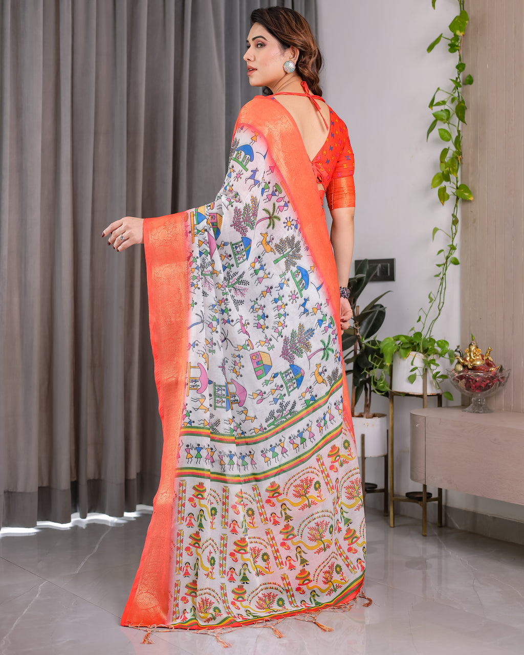 Fabrica Vibe Peach Banarasi Border Linen Saree with Multicolor Tribal Folk Art Print
