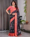 Fabrica Vibe Black Bird & Floral Printed Linen Saree with Peach Zari Border and Tassel Pallu