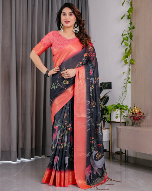 Fabrica Vibe Black Bird & Floral Printed Linen Saree with Peach Zari Border and Tassel Pallu