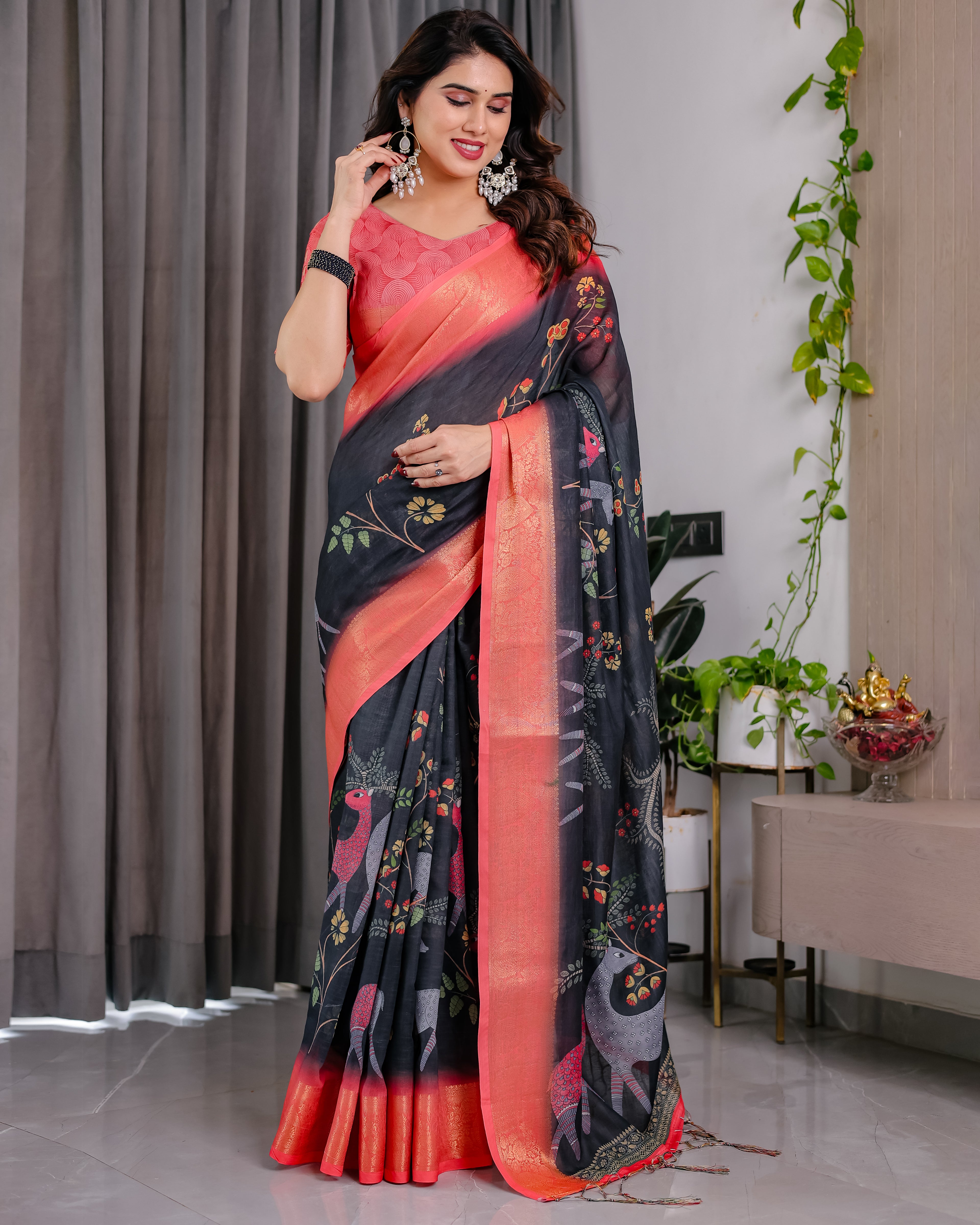 Fabrica Vibe Black Bird & Floral Printed Linen Saree with Peach Zari Border and Tassel Pallu