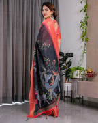 Fabrica Vibe Black Bird & Floral Printed Linen Saree with Peach Zari Border and Tassel Pallu