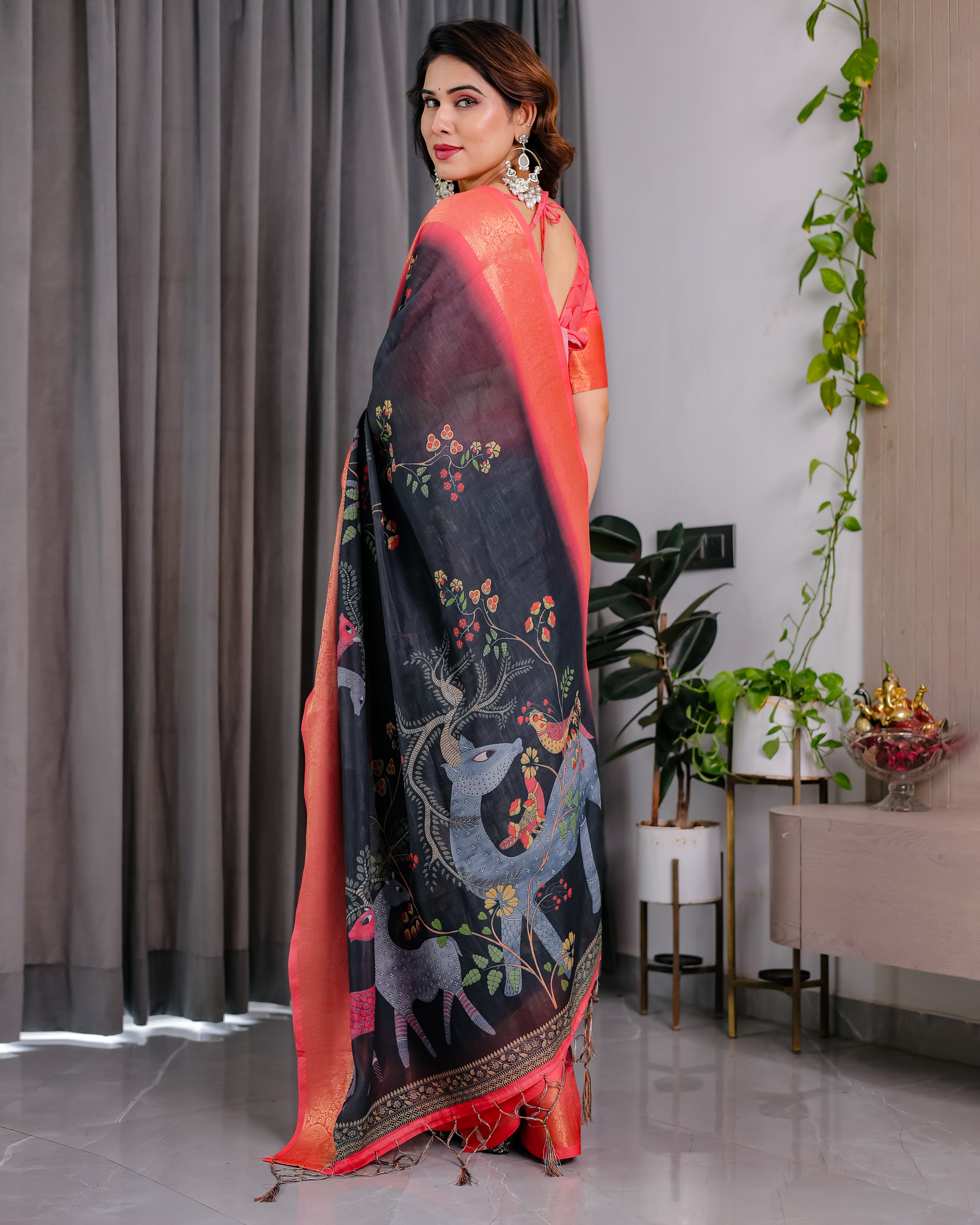 Fabrica Vibe Black Bird & Floral Printed Linen Saree with Peach Zari Border and Tassel Pallu