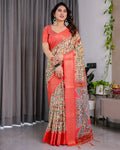 Fabrica Vibe Cream Madhubani Art Printed Linen Saree with Coral Zari Border & Tassel Pallu