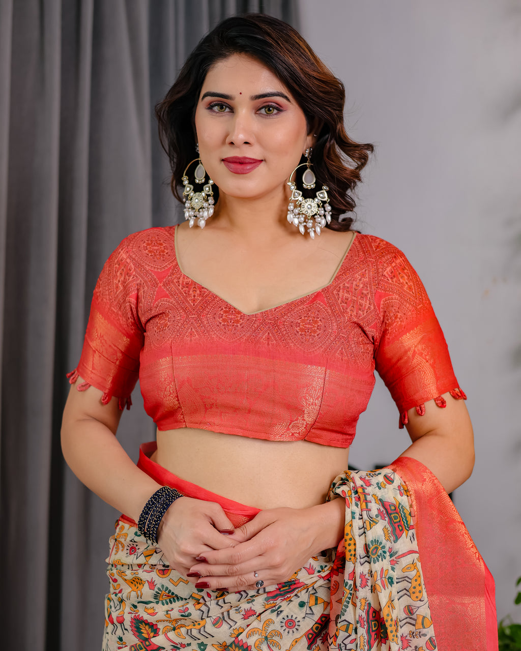 Fabrica Vibe Cream Madhubani Art Printed Linen Saree with Coral Zari Border & Tassel Pallu