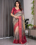 Fabrica Vibe Wine Floral Garden Printed Linen Saree with Rose Pink Zari Border & Tassel Pallu