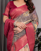 Fabrica Vibe Wine Floral Garden Printed Linen Saree with Rose Pink Zari Border & Tassel Pallu