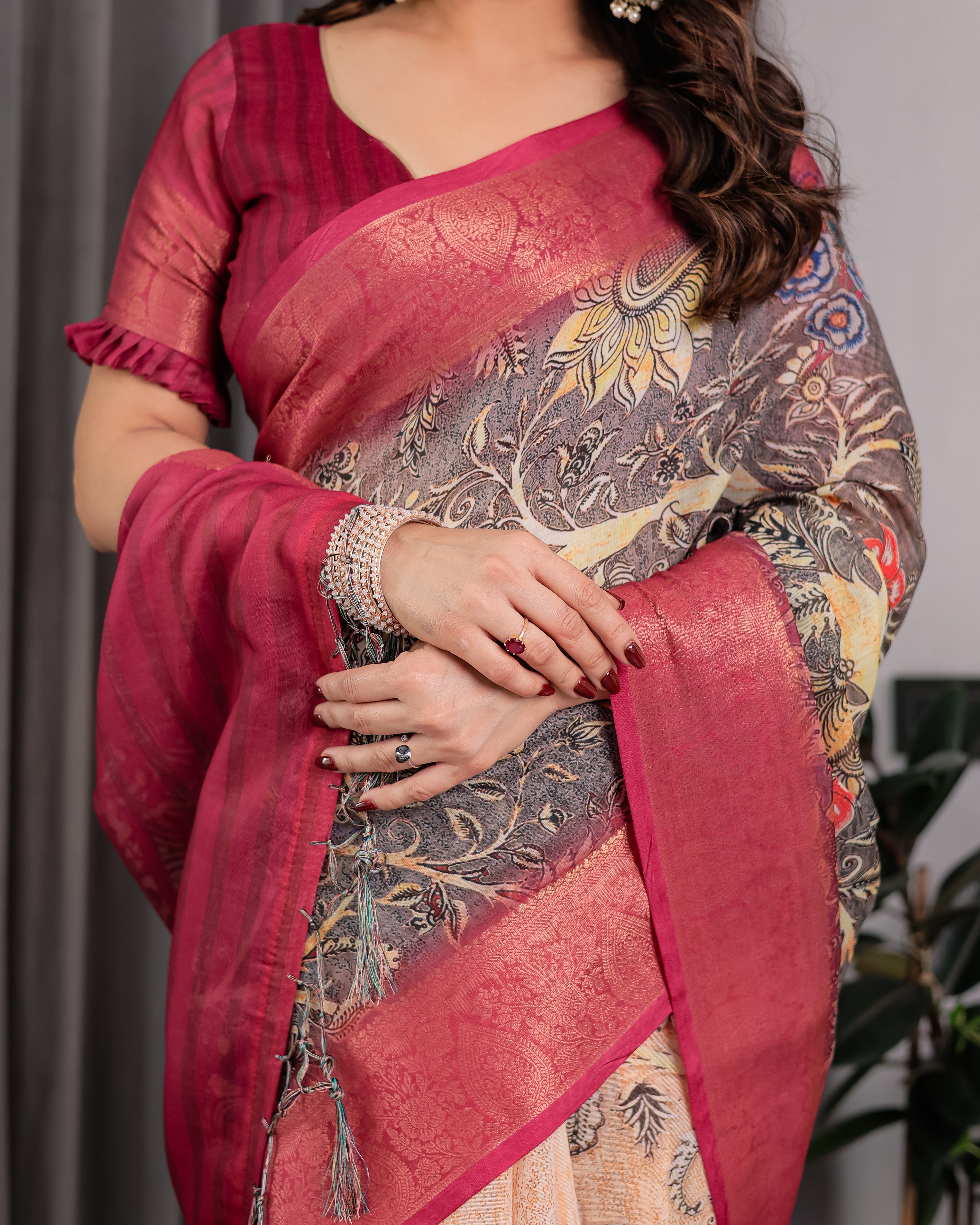 Fabrica Vibe Wine Floral Garden Printed Linen Saree with Rose Pink Zari Border & Tassel Pallu
