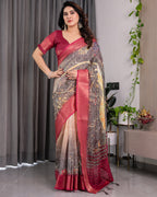 Fabrica Vibe Wine Floral Garden Printed Linen Saree with Rose Pink Zari Border & Tassel Pallu