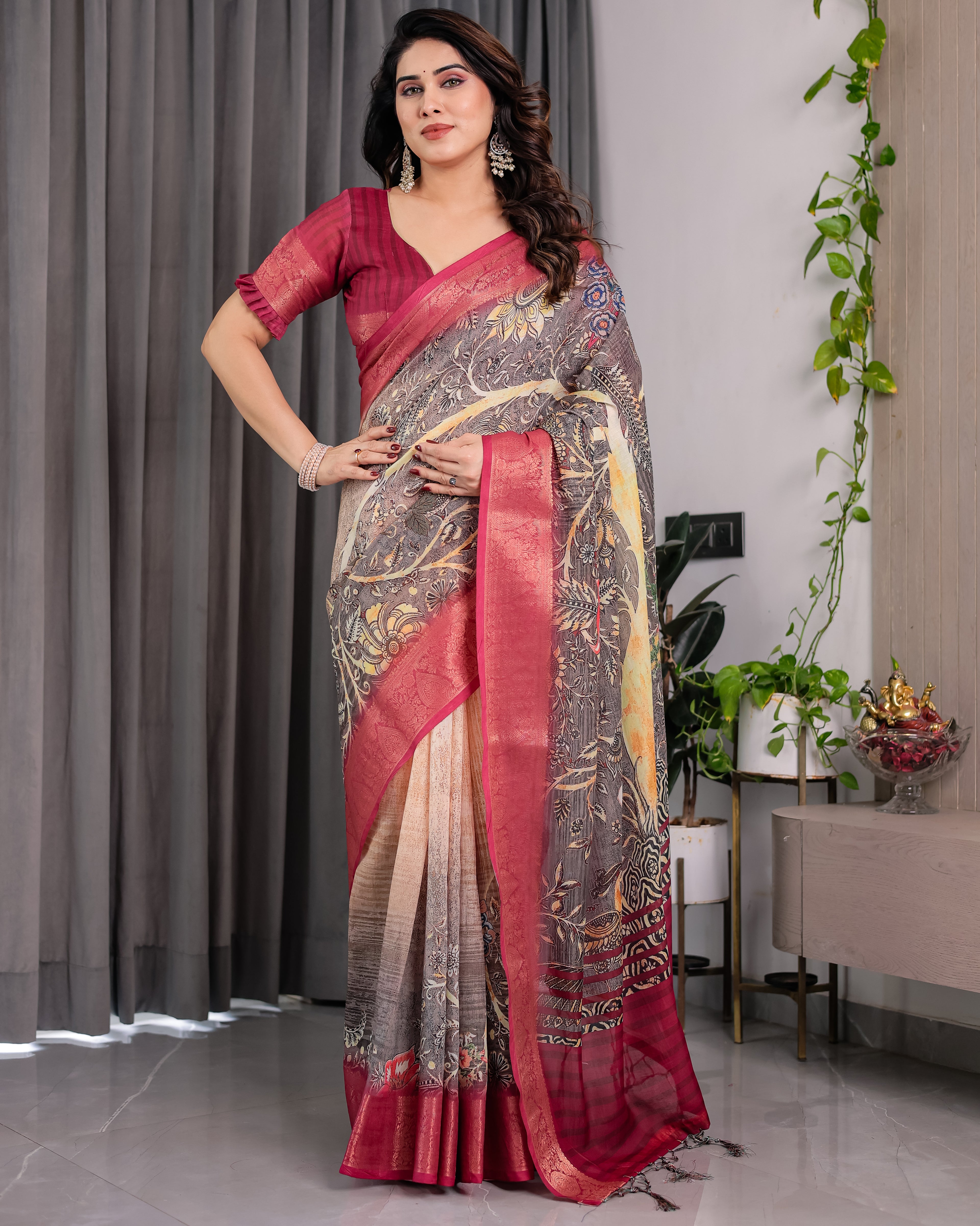 Fabrica Vibe Wine Floral Garden Printed Linen Saree with Rose Pink Zari Border & Tassel Pallu