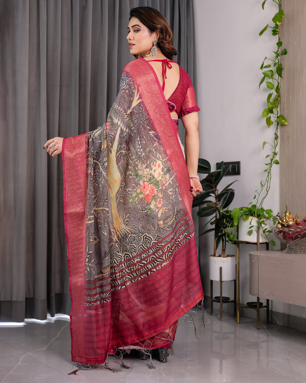 Fabrica Vibe Wine Floral Garden Printed Linen Saree with Rose Pink Zari Border & Tassel Pallu
