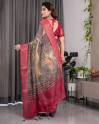 Fabrica Vibe Wine Floral Garden Printed Linen Saree with Rose Pink Zari Border & Tassel Pallu