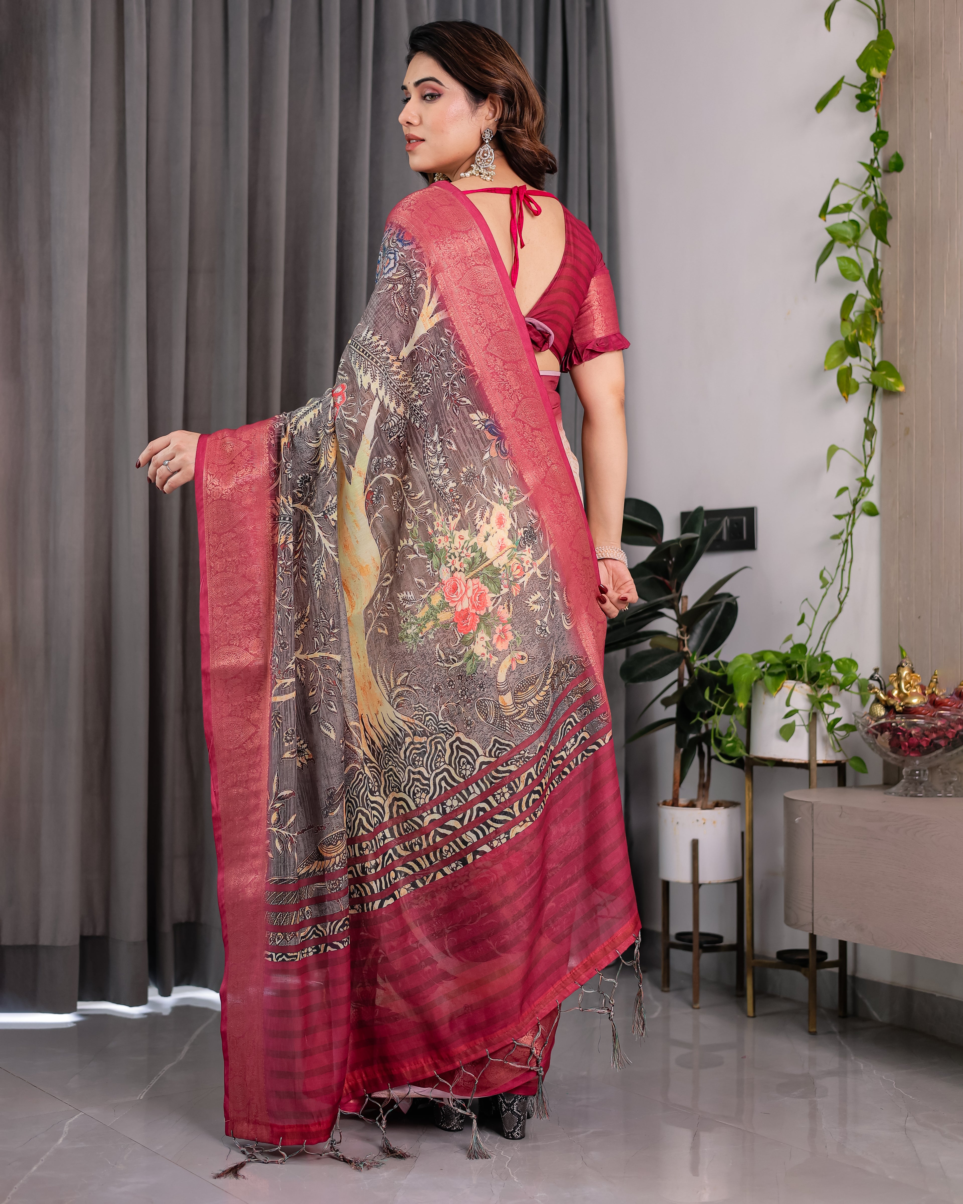 Fabrica Vibe Wine Floral Garden Printed Linen Saree with Rose Pink Zari Border & Tassel Pallu