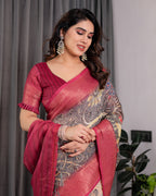 Fabrica Vibe Wine Floral Garden Printed Linen Saree with Rose Pink Zari Border & Tassel Pallu