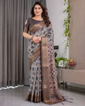 Fabrica Vibe Grey Ajrakh Floral Printed Linen Saree with Antique Zari Border & Tassel Pallu